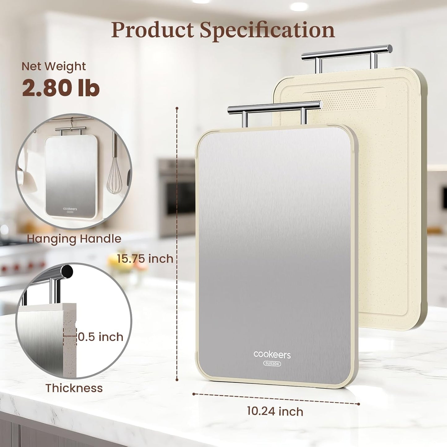Skiennix Stainless Steel Cutting Board - Double-Sided Non-Toxic Chopping Board for Meat | 15.8"L x 10.2"W