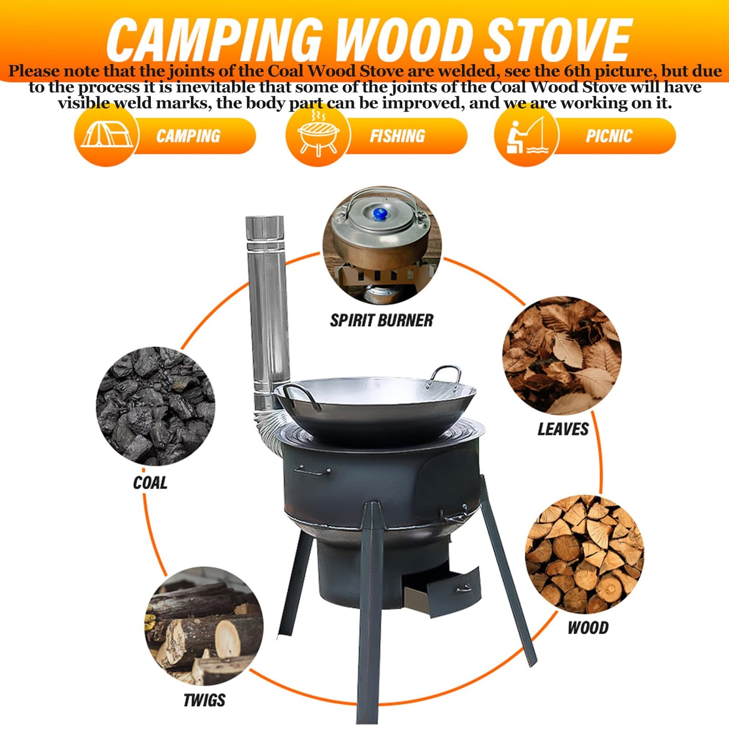 Coal Wood Stove, 1 Set Of Multifunctional Portable Removable Iron Firewood Cooking Stove, Mobile Camping Stove for Outdoor Camping, Tent Heating, Fishing, Cooking (43 cm + 3 oven rings)