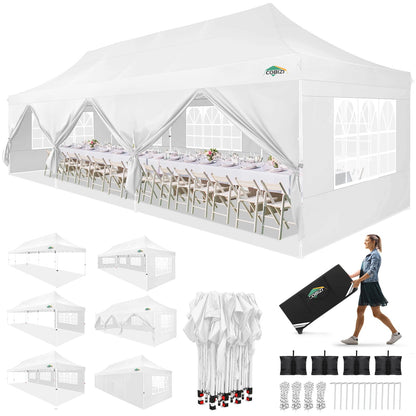 COBIZI 10x30 Pop up Canopy with Roller Bag & 8 Removable Sidewalls, Canopy Tent for Parties, Wedding, and Commercials, Waterproof and Instant Shelter UV50+ Outdoor Gazebo with 4 Sandbags(White)