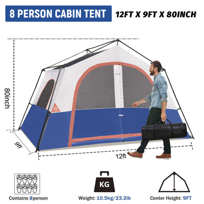 HIKERGARDEN 8 Person Camping Tent - Portable Family Cabin Tent for Camp, Windproof Fabric Camp Tent Outdoor for Hiking, Backpacking, Traveling-12'x9'x80in(H) (Navy Blue)