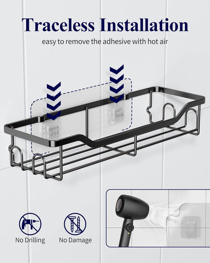 Kitsure Shower Caddy - Large Adhesive Organizer | Stainless Steel Shelf for No-Drill Bathroom Storage, 2 Pack, Black