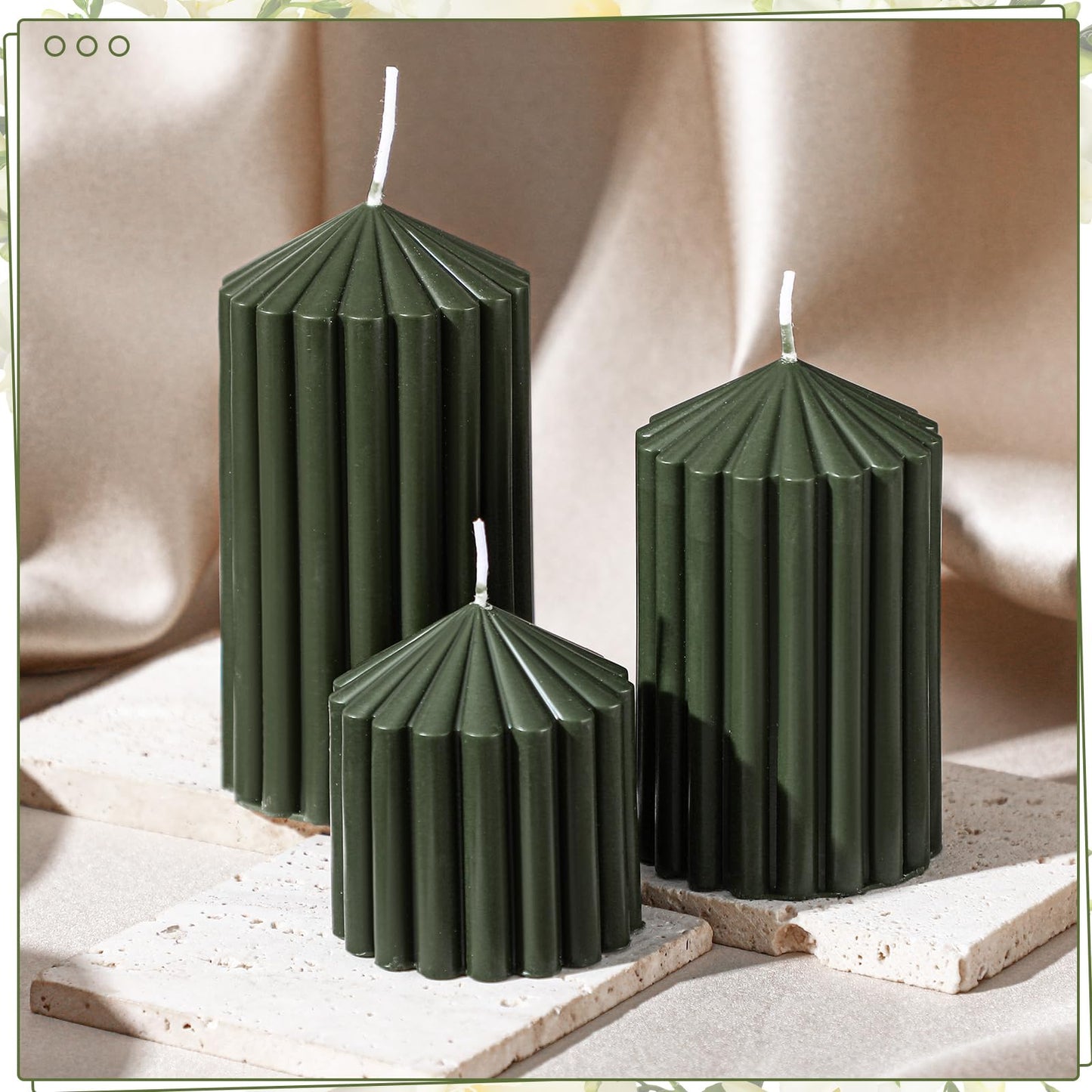 Conelist Set of 3 Moss Green Ribbed Pillar Candles Soy Wax Scented Ribbed Candles Includes 2.8, 4.2 and 5.1 Inches Heights Decorative Romantic Wedding Decoration for Couple Home Birthday Gift