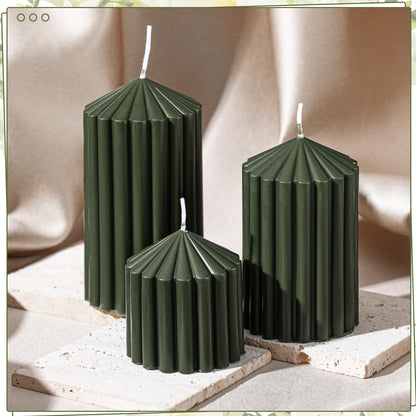 Conelist Set of 3 Moss Green Ribbed Pillar Candles Soy Wax Scented Ribbed Candles Includes 2.8, 4.2 and 5.1 Inches Heights Decorative Romantic Wedding Decoration for Couple Home Birthday Gift