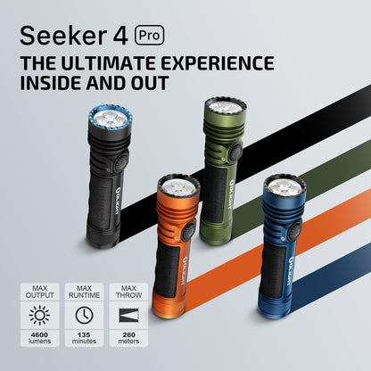OLIGHT Seeker 4 Pro Rechargeable Flashlights, 4600 Lumens High Powerful Bright Light with USB C Holster, Waterproof IPX8 for Emergencies, Camping, Searching (Matte Black Cool White)