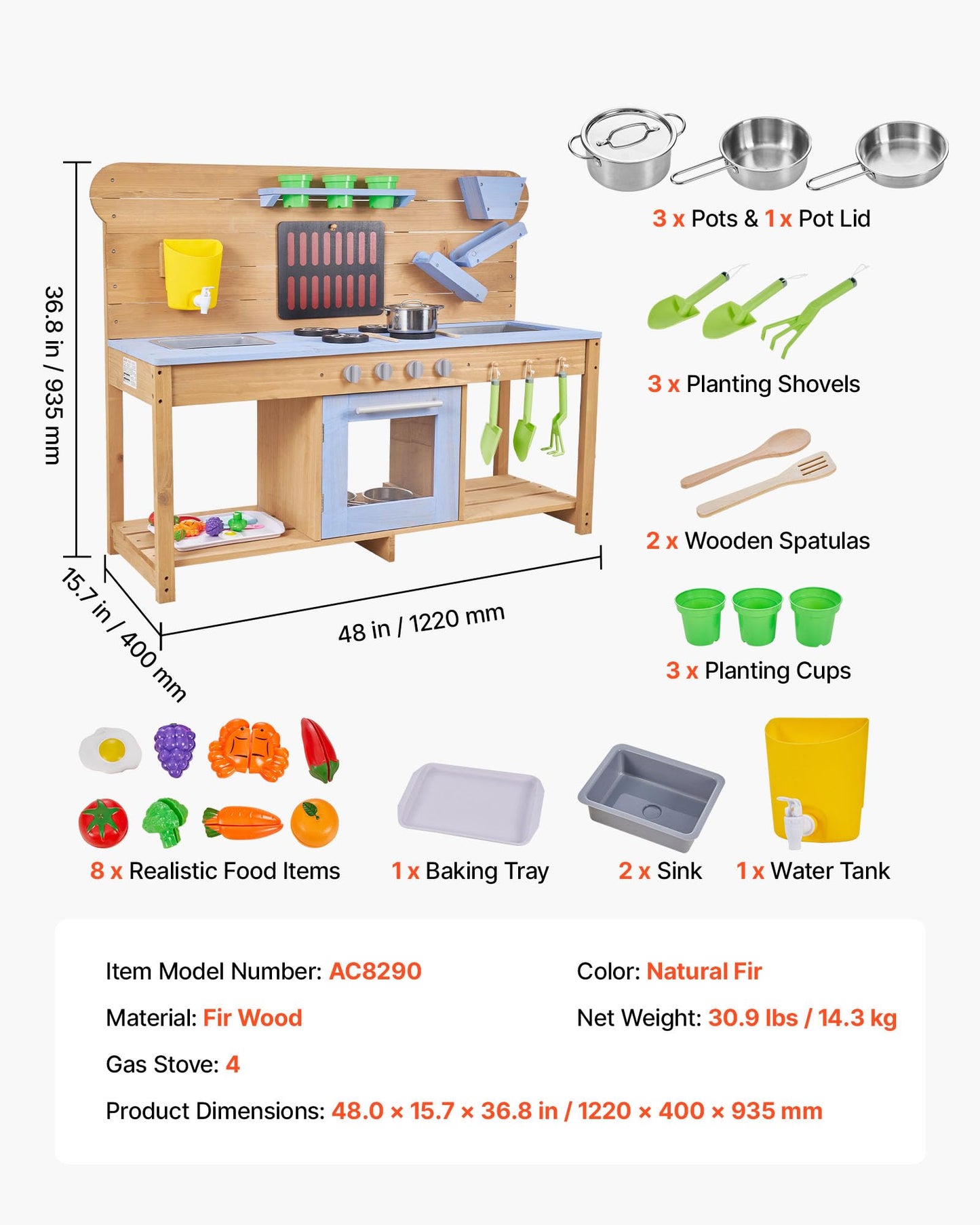 VEVOR Mud Kitchen, Outdoor Mud Kitchen for Kids, Wood Outdoor Play Kitchens with Stoves, Hooks, Double Sinks, Planting Shovels, Spatulas, Cookware Pots and Accessories, Play with Water and Sand