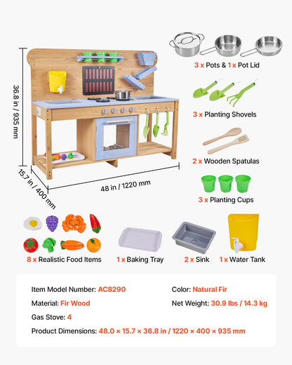 VEVOR Mud Kitchen, Outdoor Mud Kitchen for Kids, Wood Outdoor Play Kitchens with Stoves, Hooks, Double Sinks, Planting Shovels, Spatulas, Cookware Pots and Accessories, Play with Water and Sand
