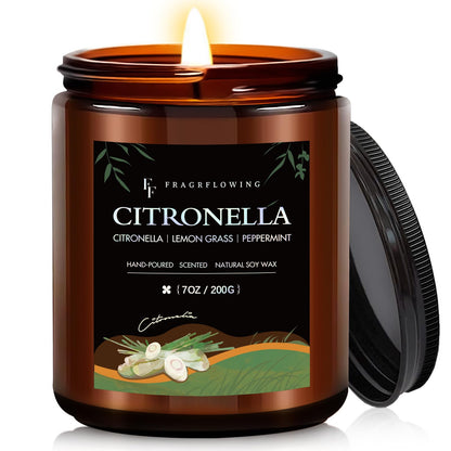 Citronella Candle, Indoor Outdoor Lemongrass Scented Candle，Natural Soy Wax Jar Candle, 50-Hour Burn Time, 7 oz
