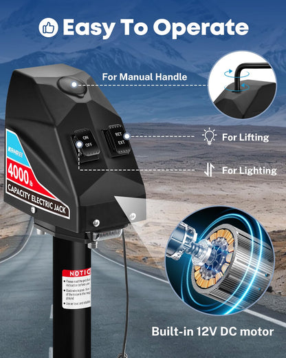 Kohree Electric Trailer Jack 4000lbs, Heavy Duty RV Electric Power Tongue Jack for Travel Trailer A-Frame Camper, with Manual Crank Handle & Weatherproof Cover, 22" Lift, 12V DC with Wiring