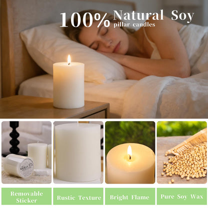 Ivory Rustic Textured Soy Pillar Candles, 2.8x3 in Natural Unscented Soy Wax Candles, 180 H Burn Time, Non-Toxic, 6 Pack Smokeless Dripless Hand-Poured Pillar Candle for Dinner, Wedding, Home