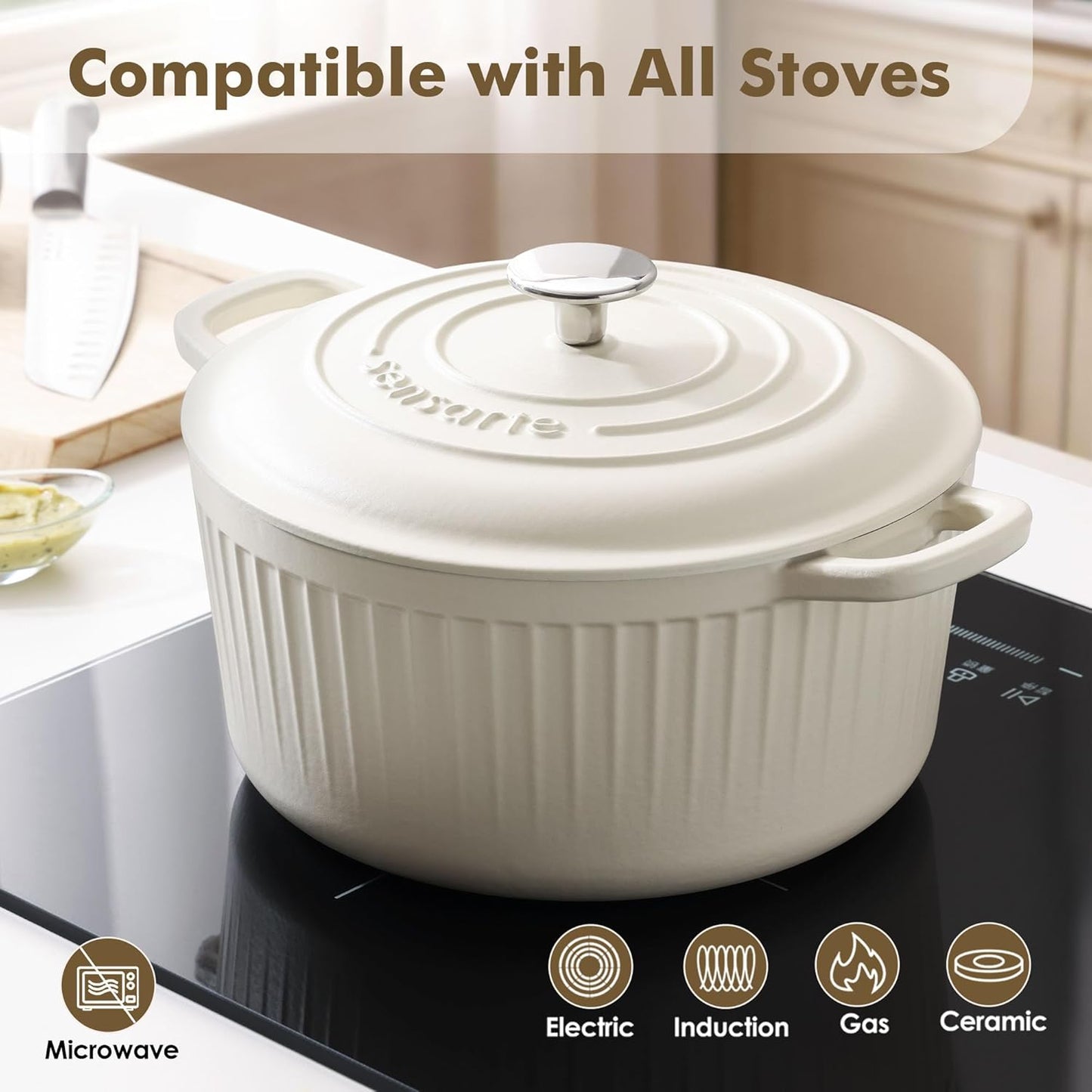 SENSARTE Enameled Cast Iron Dutch Oven - 3.5 Quart Heavy-Duty Pot with Lid, Ideal for Baking & Roasting - White