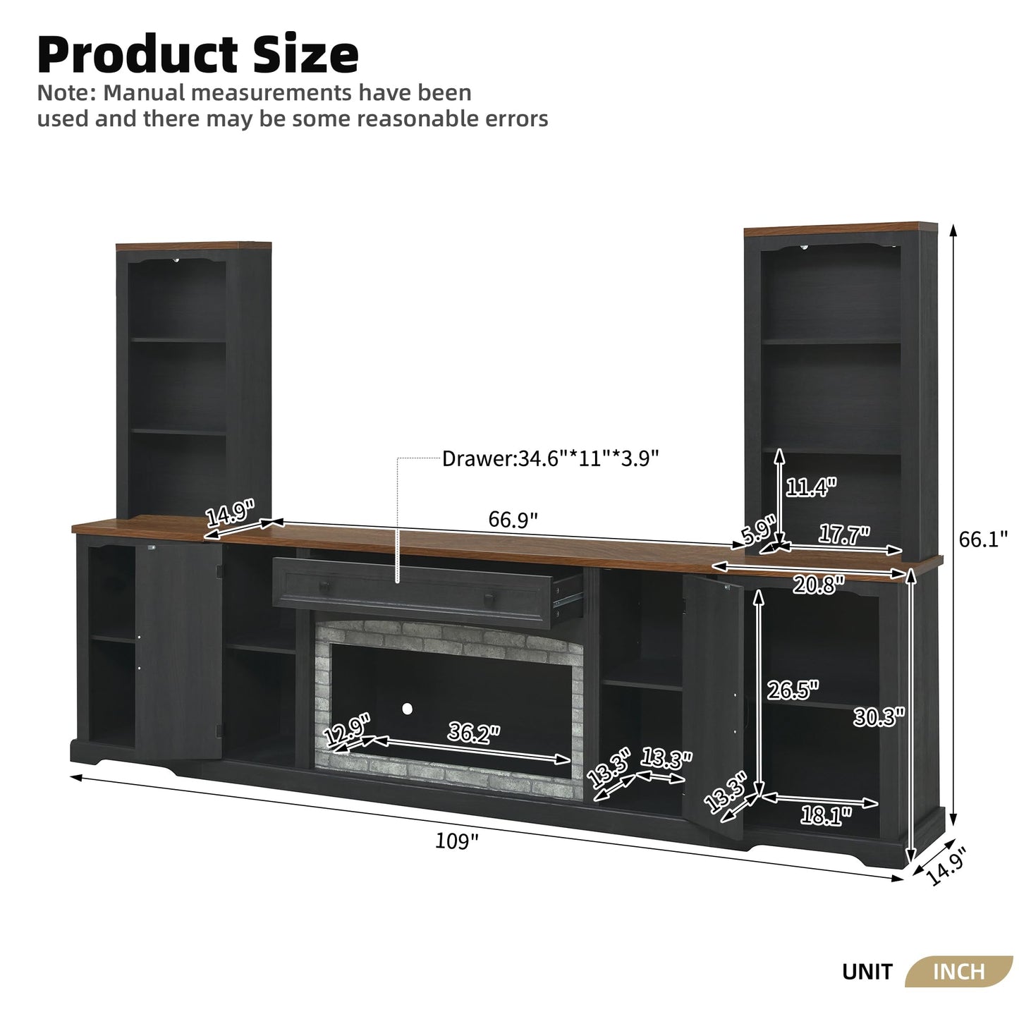 Merax 3-Piece TV Stand Set for TVs up to 70", Farmhouse Entertainment Center with Curved Side Cabinets & Bookshelves, Modular Storage Unit with Drawer and Adjustable Shelves for Living Room, Black