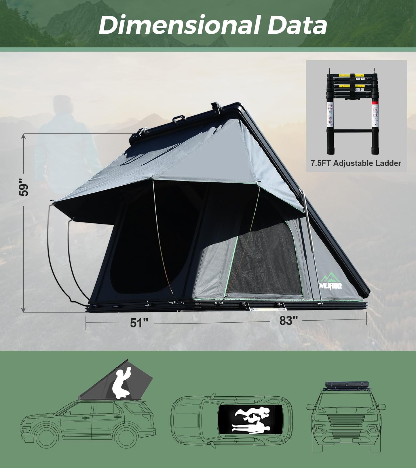 WildFinder Rooftop Tent Hard Shell Roof Top Tent Hardshell Suitable for Jeep SUV Truck Van, 2-3 Person, Gray