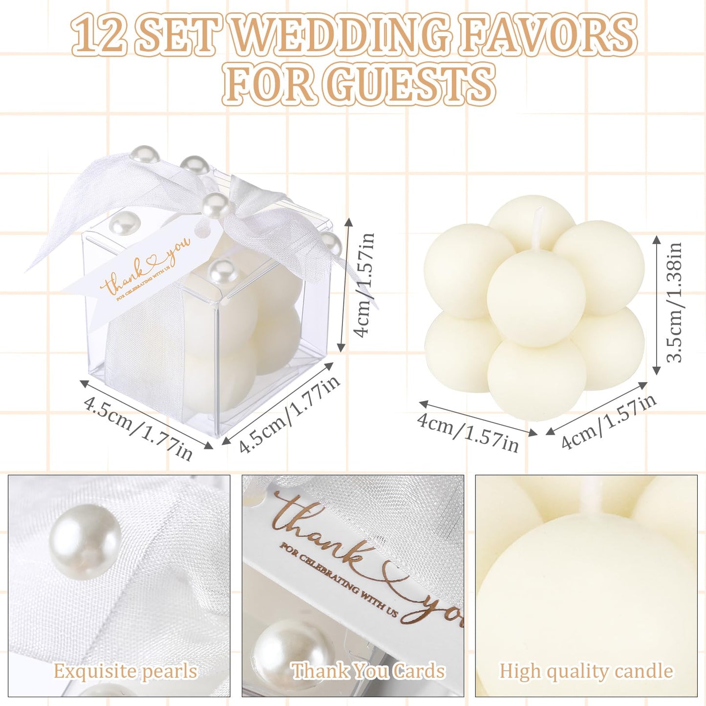 Nuanchu 12 Sets Bridal Shower Favors White 1.6" Mini Bubble Candles Wedding Favors Gifts for Guests Aesthetic Bubble Candles Baby Shower Favor with Thank You Card Ribbon for DIY Baptism Gift