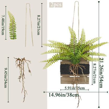 FAICOIA 2 Pcs Hanging Planter Vase Wall Decor with Artificial Plants Persian Fern Wooden Base Window Wall Planter Holder for Outdoor Indoor Hanging Plant Shelves for Home Decor Plant Holder Kitchen