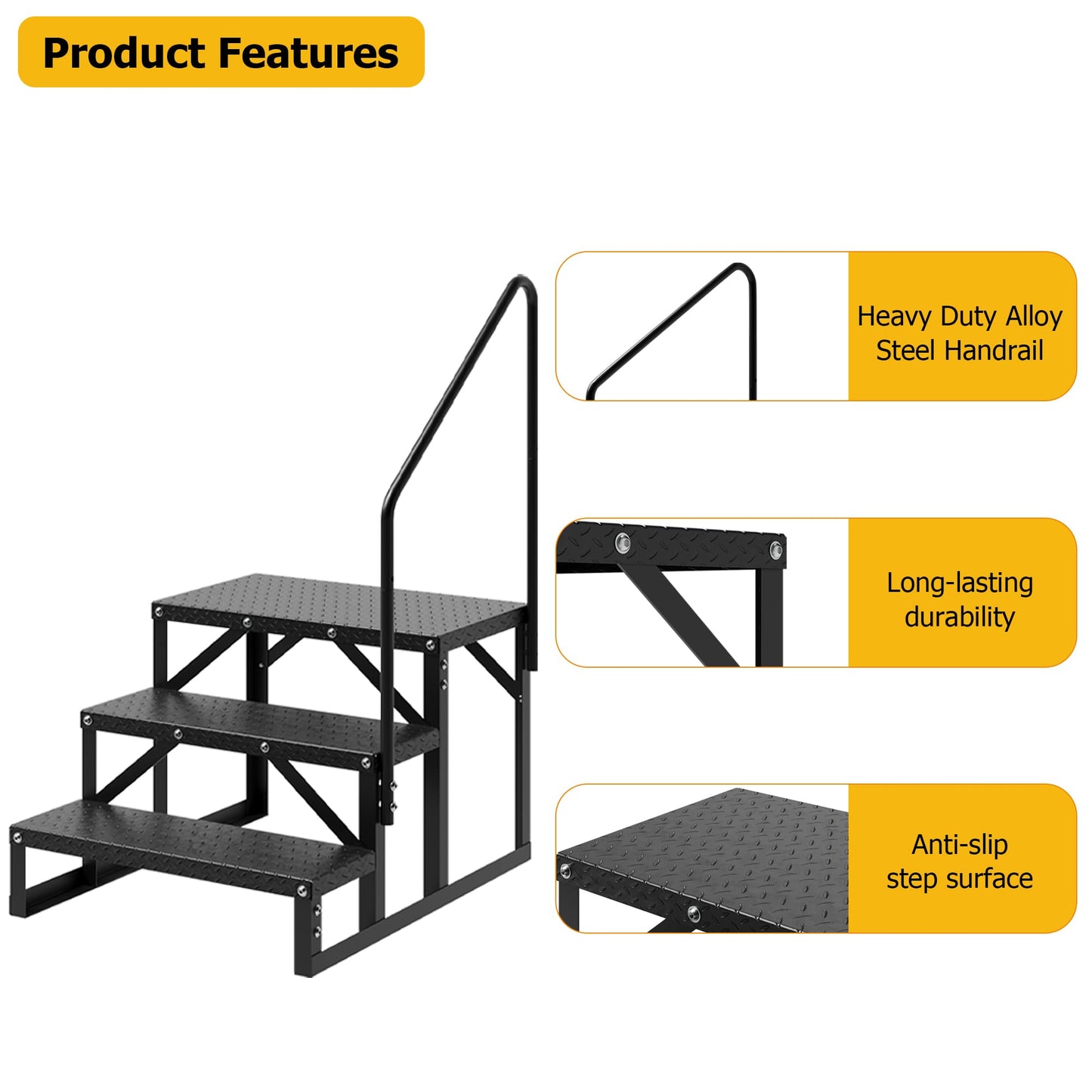 COZONY 3 Step RV Steps, RV Stairs with 2 Handrails & Anti-Slip Panel, 660lb Capacity Hot Tub Steps, Portable Trailer Ladder for Mobile Home, Outdoor, Camping, Travel, Porch, SPA, Pool