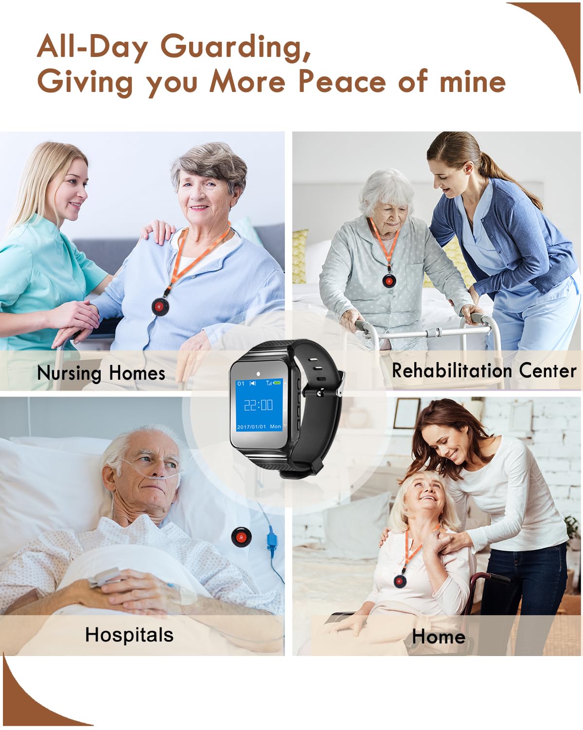 CallToU Wireless Caregiver Pager Smart Call Button Vibration System 500+ ft Nurse Call Bell Alert System for Elderly Monitoring Clinic/Medical Institution/Nursing Home 1 Wrist Receiver 5 SOS Buttons