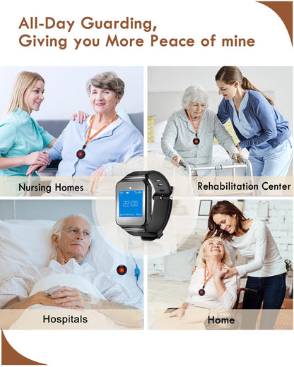 CallToU Wireless Caregiver Pager Smart Call Button Vibration System 500+ ft Nurse Call Bell Alert System for Elderly Monitoring Clinic/Medical Institution/Nursing Home 1 Wrist Receiver 5 SOS Buttons