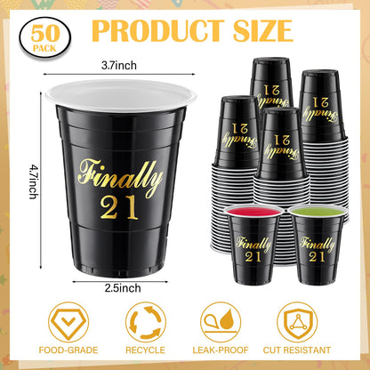 Nuogo 50 Pcs Finally 21 Birthday Party Disposable Cups 16 oz Plastic Cups 21st Birthday Party Favors Gift for Her and Him Women Men Anniversary Wedding Decorations