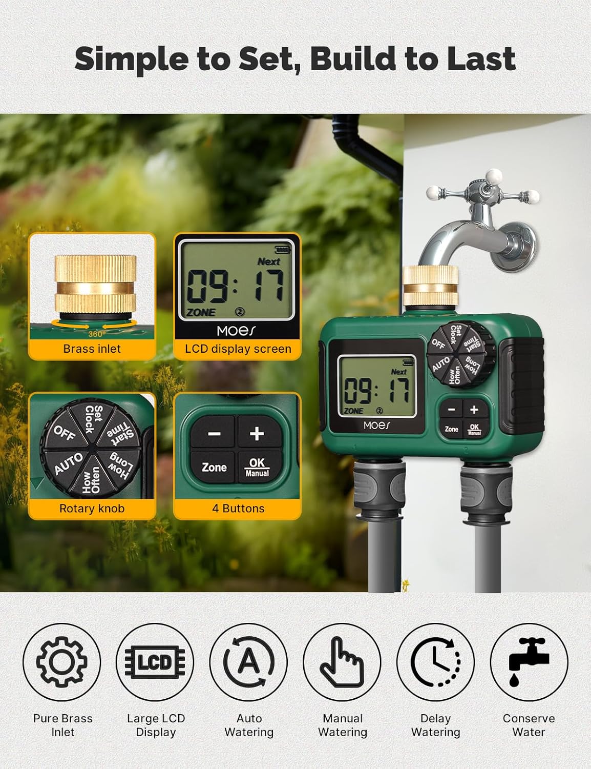 MOES 2 Zone Sprinkler Timer - Programmable Automatic Irrigation Controller with Brass Inlet & Rain Delay