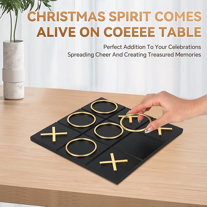 Tic Tac Toe Decor 10 x 10 Inch Wooden Black Wood Board with Gold/Silver X and O Pieces Modern Minimalist Coffee Table Decor for Living Room Office and Bookshelf Display (Gold)