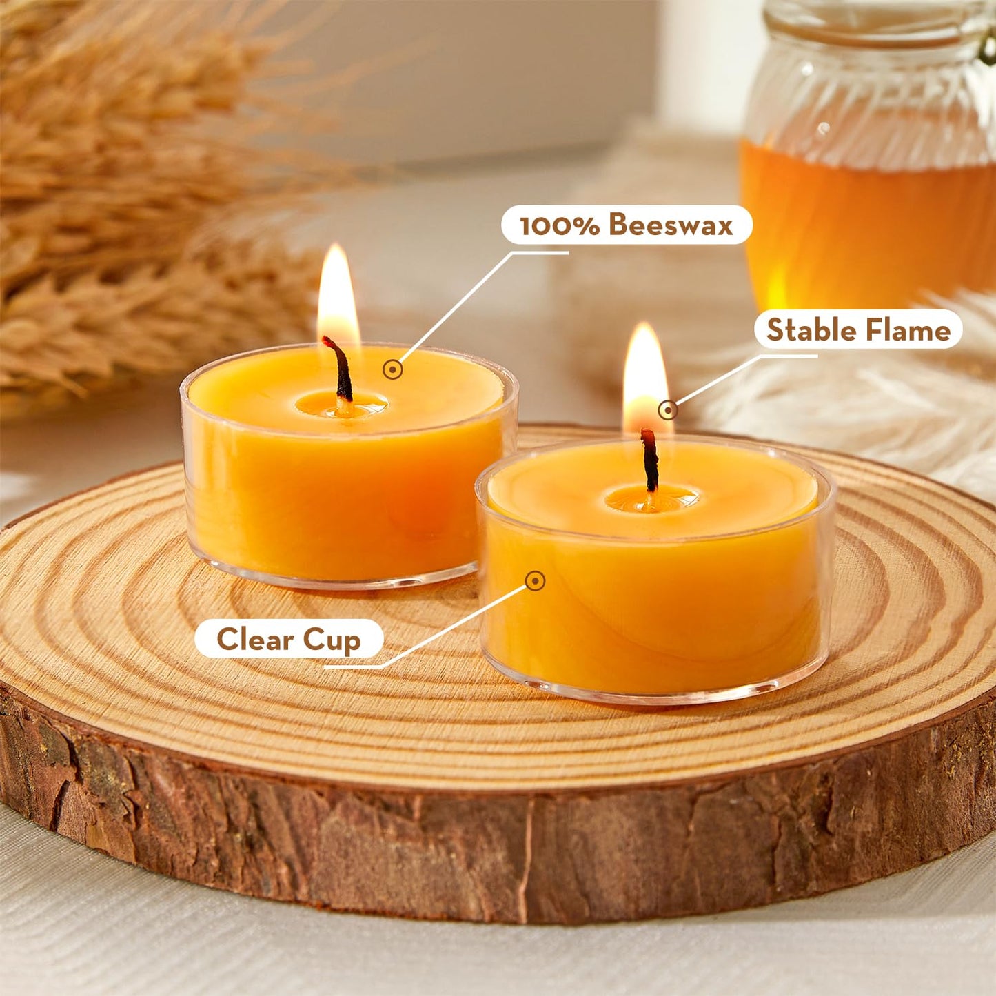 Ashlux Unscented Beeswax Tea Lights Candles 20 Pack, 4 Hours Long Burning Handmade Yellow Tealight Candles, Clear Cup Smokeless Beeswax Candles for Wedding, Christmas Lights, Centerpiece & Home Decor
