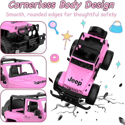 DOUBLE E Jeep Licensed 1:14 Scale Pink Remote Control Car for Girls with 2*DIY Stickers Open-top Design RC Jeep 80Min Play 2.4Ghz Off Road RC Trucks with LED Lights Birthday/Xmas Gifts for Girls 6+