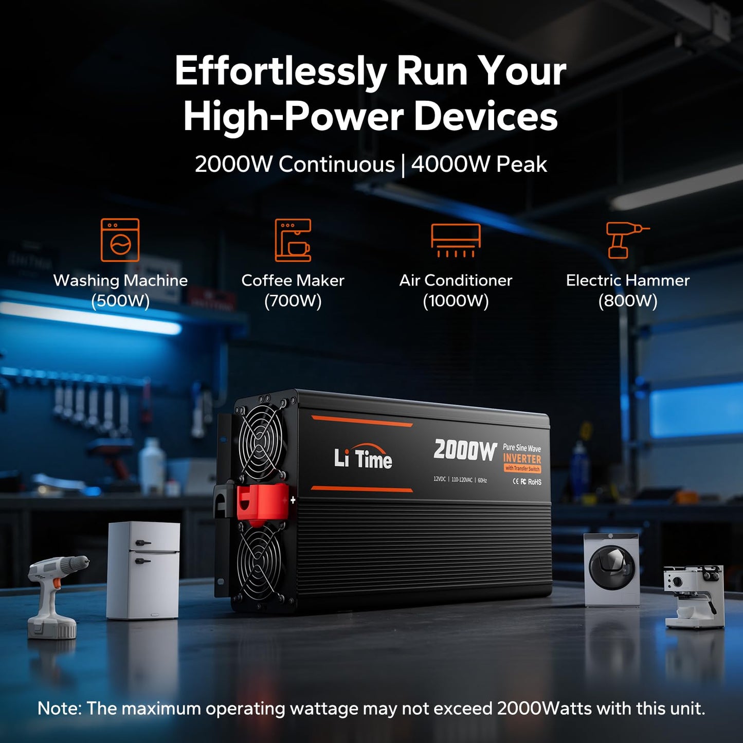 Litime 2000W Pure Sine Wave RV Inverter with 20ms Automatic Transfer Switch (ATS), 12V DC to 120V AC Converter for RV, Truck, Home, Camping - 4000W Surge Power, Remote Monitoring, USB & Type-C
