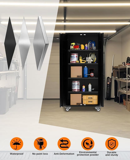 IDEALHOUSE 72" Tall Garage Storage Cabinet – 600 Lb Capacity Metal Tool Cabinet with Magnetic Lock, 4 Adjustable Shelves & Wheels, Heavy-Duty Steel Storage for Workshop, Home & Office