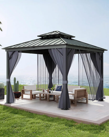 12'X12' Hardtop Gazebo, Outdoor Double Roof Galvanized Steel Gazebo, Aluminum Heavy-Duty Steel Top Canopy with Mosquito Net & Privacy Curtain for Patio, Porch, Garden, Lawn, Deck, Backyard,Gray