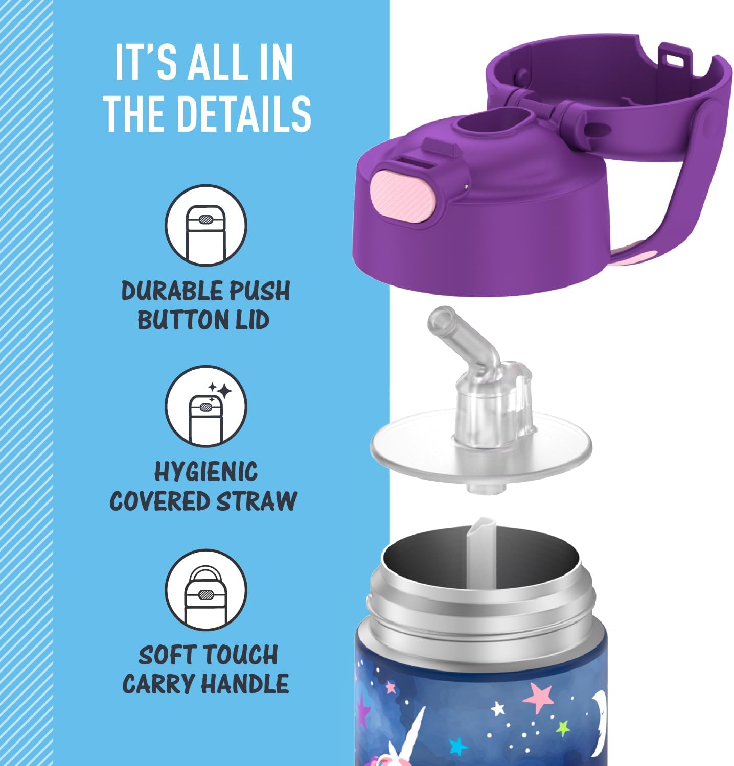 THERMOS FUNTAINER Water Bottle - 12 Ounce Kids Stainless Steel Vacuum Insulated | Space Unicorn Design