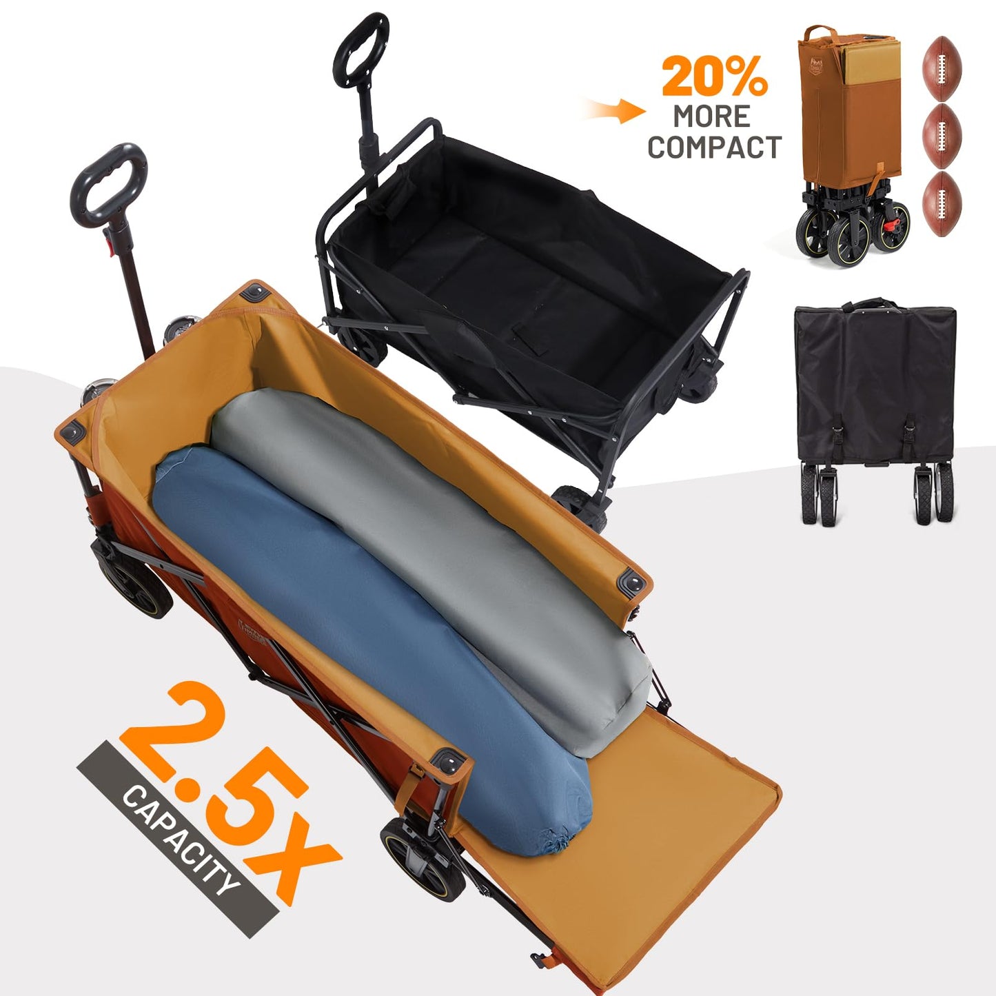 Timber Ridge 49" Extra Long Collapsible Folding Wagon with Tailgate and Brakes, 300lbs Heavy Duty Foldable Wagon with Adjustable Handle, 250L Capacity Portable Cart for Outdoor Camping Sports, Orange