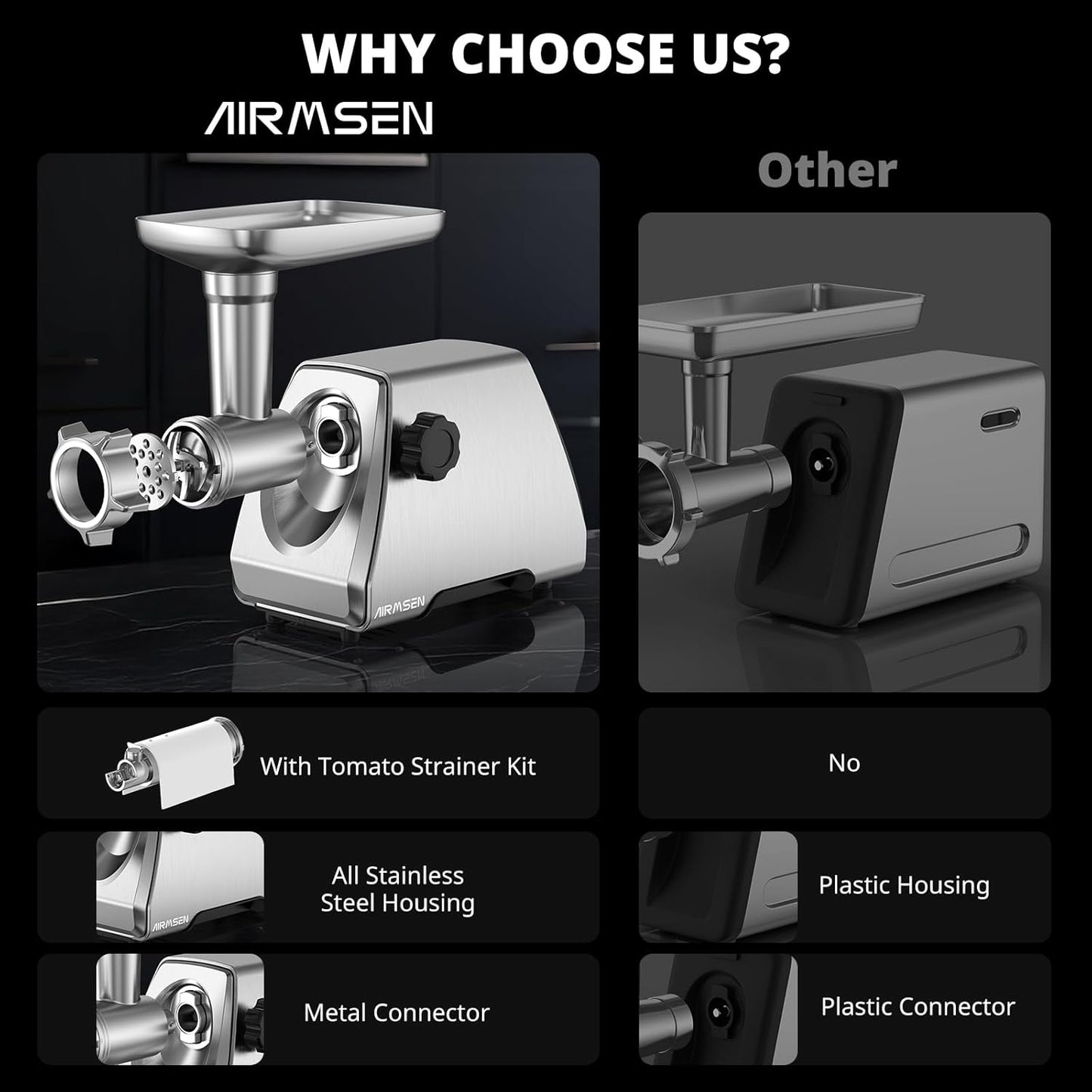 AIRMSEN Electric Meat Grinder & Tomato Sauce Press - Heavy Duty Food Mill for Grinding Meat & Making Sauces