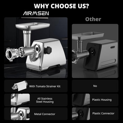 AIRMSEN Electric Meat Grinder & Tomato Sauce Press - Heavy Duty Food Mill for Grinding Meat & Making Sauces