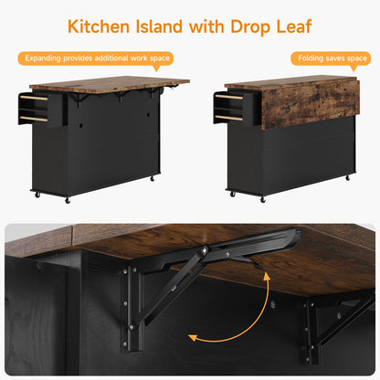 ComfyCorner 60" Rolling Large Kitchen Island on Wheels with Extendable Table, Drop Leaf & Power Outlet, Mobile Kitchen Cart with Storage Cabinet, 2 Drawers, Spice Rack, Towel & Knife Holder, Black