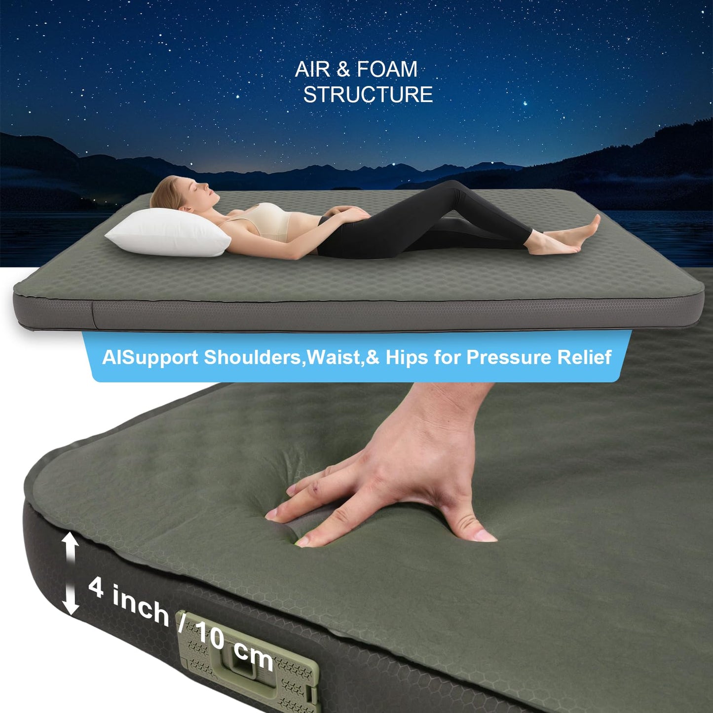 Self Inflating Sleeping Pad with Foam and Electric Pump，Innovative Y-Shaped Telescopic Structure，4.3" Thick Ultraportable Camping Mattress，Outdoor Compact Air Mat for Tent Car（4.2*79*28 inch）