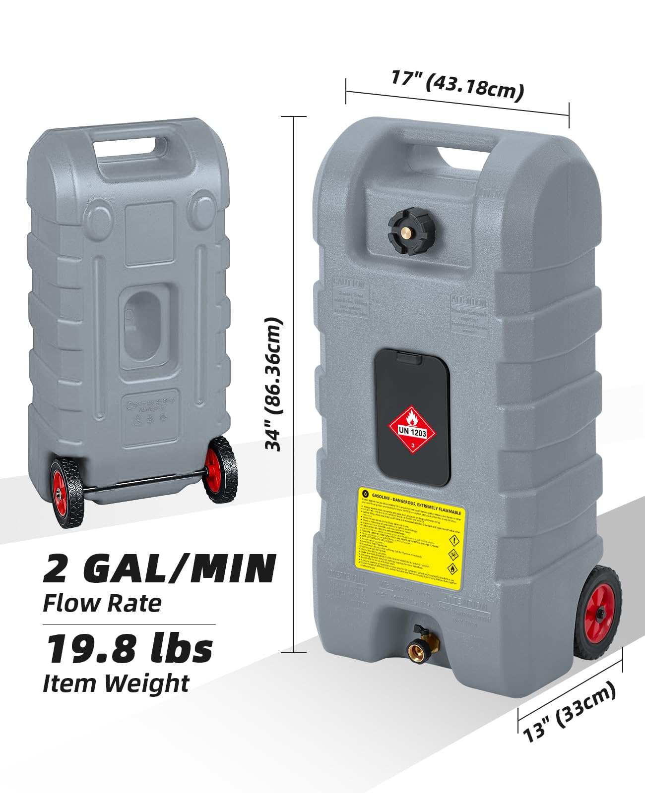 15 Gallon Gas Can with Manual Transfer Pump, Portable Fuel Caddy with Wheels & Carry Handle, 10 ft Hose, Heavy-Duty HDPE Fuel Transfer Tank for Gasoline Diesel Kerosene, Brass Shut-Off Valves, Gray