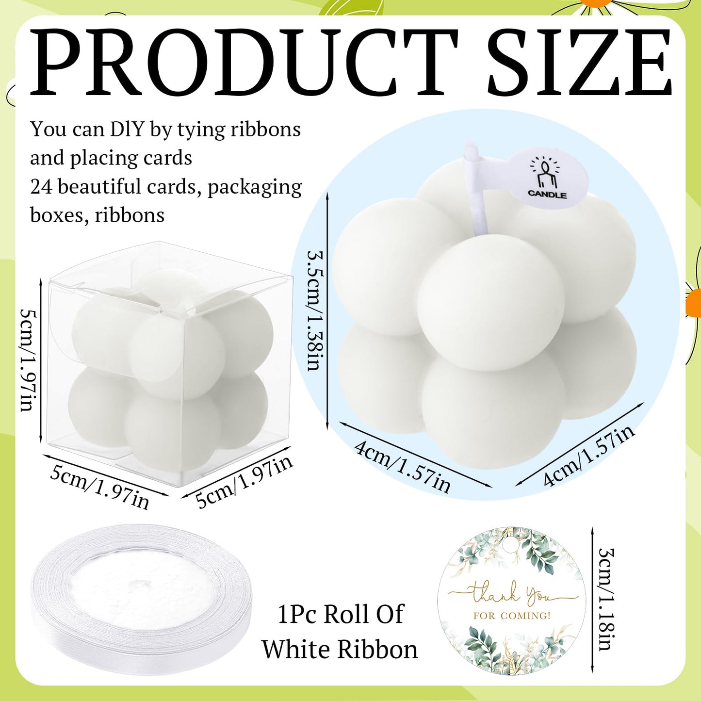 MTLEE 24 Sets Greenery Wedding Favors Party Candle Small Bubble Candle Favors for Guests Tea Candles Bulk with Stylish Ribbons Cards Gifts for Bridal Shower(White, Leaves)