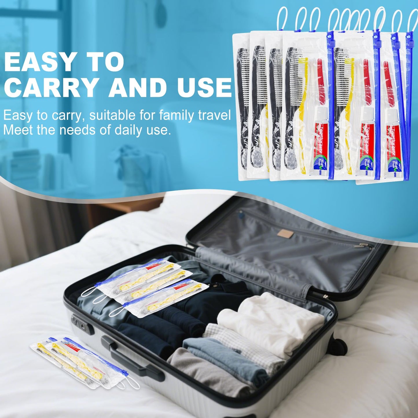 Xuezoioy Personal Hygiene Kit Bulk Pack of 100,Yellow Disposable Toothbrushes with Toothpaste Floss Comb Cover and Hotel Vanity Set Basic Travel Toiletry Kit Supplies for Homeless,Charity,Guests