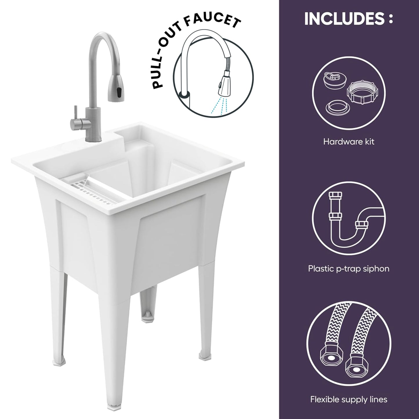 Freestanding Utility Sink with Stainless Steel Gooseneck Faucet - 24" Plastic Utility Sink for Garage, Laundry, Indoor and Oudoor Use - Laundry Tub Kit by Noah William Home - White (19.5 gal)