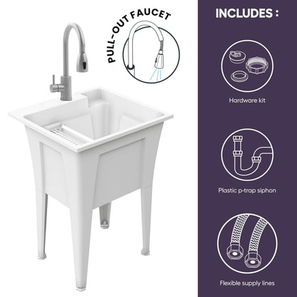 Freestanding Utility Sink with Stainless Steel Gooseneck Faucet - 24" Plastic Utility Sink for Garage, Laundry, Indoor and Oudoor Use - Laundry Tub Kit by Noah William Home - White (19.5 gal)