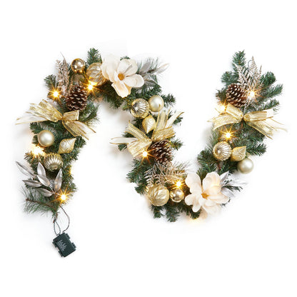 Christmas Garland with Lights, 6ft Prelit Outdoor Christmas Garland with Timer 20 LED Lights Pinecones Rose Gold Ball Ornaments for Mantle Fireplace Stairs Railing Indoor Decorations, Battery Operated