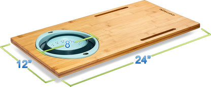 Homevative Over the Sink Bamboo Cutting Board with Collapsible/Removable Strainer and Phone Slots