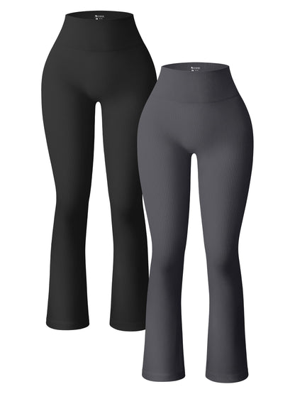OQQ Women's 2 Piece Yoga Pants Ribbed Seamless Workout High Waist Bell Bottoms Flare Leggings