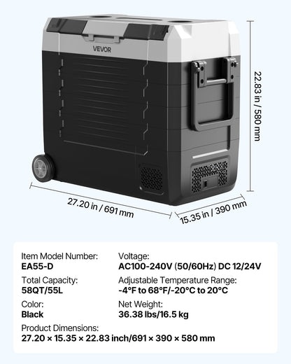 VEVOR Car Refrigerator, DC 12/24V AC100-240V Compressor Electric Cooler, -4°F to 68°F Truck Refrigerator with APP Control, Wheels & Dual Zone, 58 QT Cars Cooler for RVs, Boats, Camping, Fishing