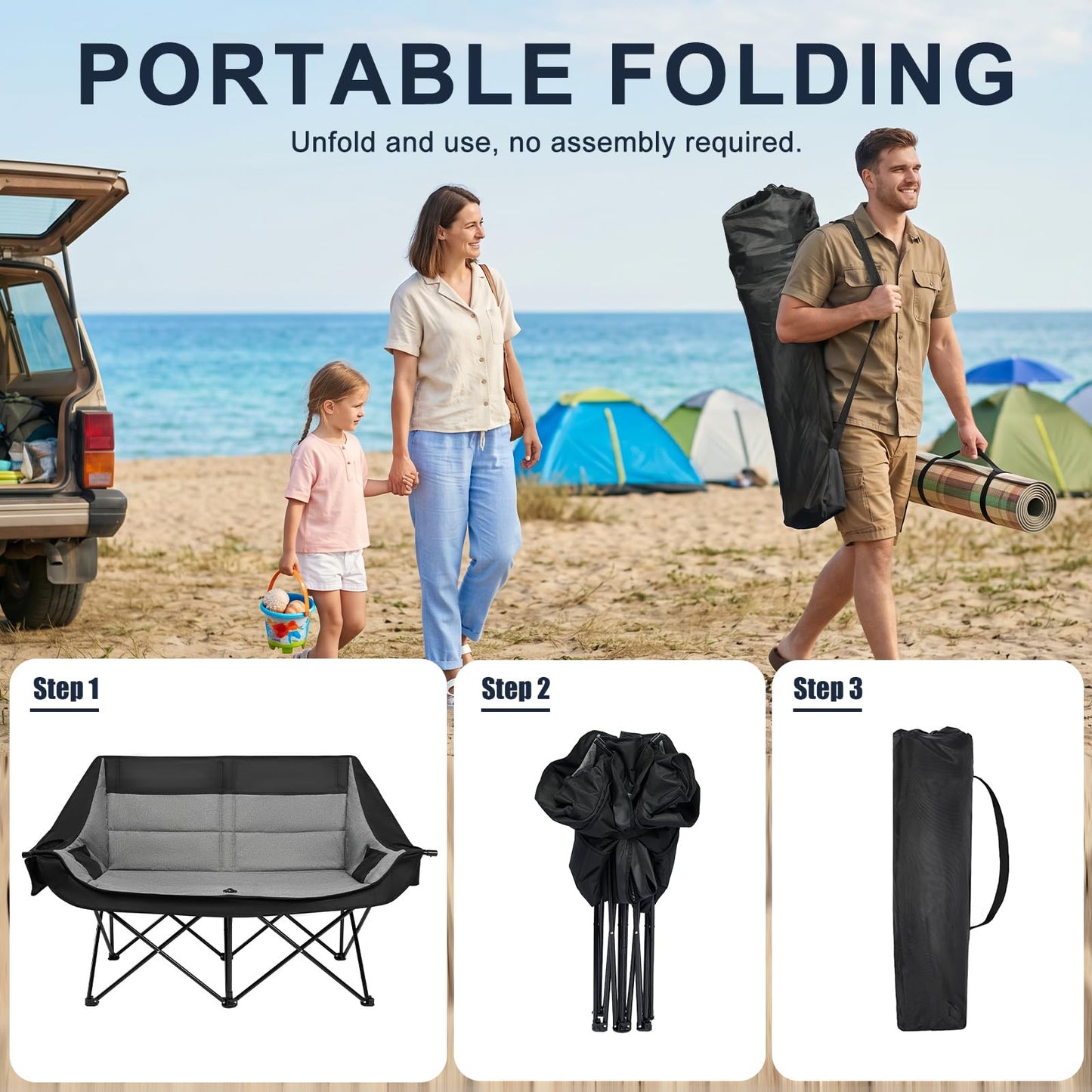 RVIEIS Double Camping Chair 2 Person Loveseat Oversized Padded Camping Couch Heavy Duty Portable Folding XL Camp Chair with Cup Holder Side Pocket for Outdoor Lawn Beach Sport Support 800LBS, Grey