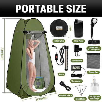 Motivekit™ Portable Camping Shower Tent Kit with LED Lights | 6.6 Gallons Foldable Bucket, 6000mAh Shower Pump, 6' 7" Shower Head, 1500W Immersion Heater, Summer Beach Outdoor Shower for Hiking Beach