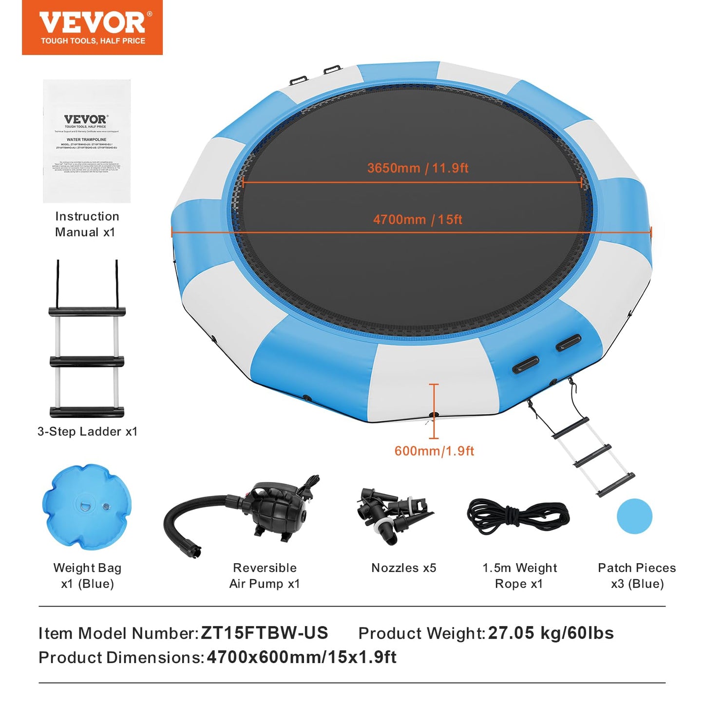 VEVOR Recreational Water Trampoline 15ft, Inflatable Water Bouncer, Portable Bounce Swim Platform with Electric Air Pump & 3-Step Ladder, Kids Adults Floating Rebounder for Water Sports, Pool, Lake
