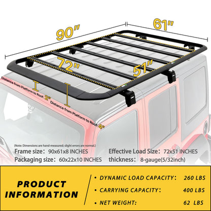 CALLIERT Aluminum Full-Length roof Rack Kit Cross Bars and Cargo Basket for 2007-2018 Jeep Wrangler JK 4 Door, Low-Profile Hardtop Luggage Carrier