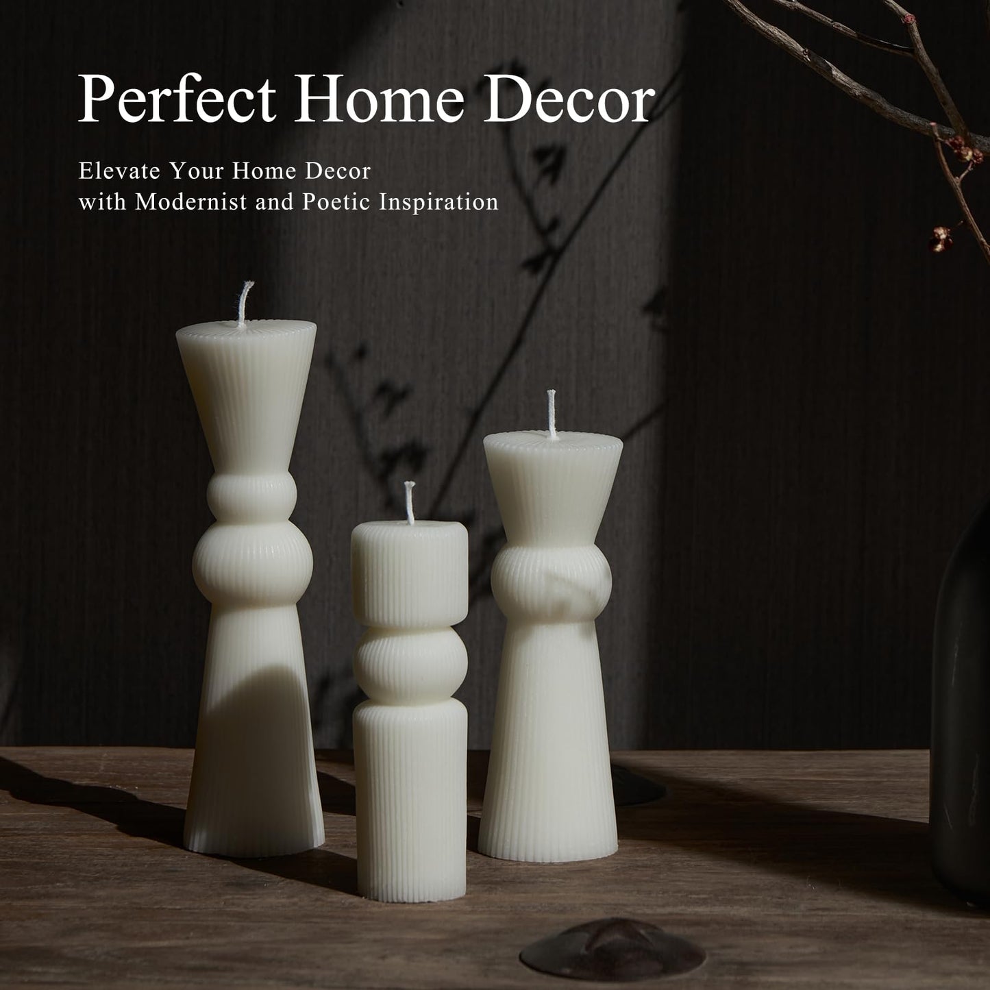 NATCENSE 3Pcs Pillar Candles Set - Handmade Ribbed Design for Modern Home Decor, Housewarming Gift, Room & Shelf Aesthetic Decoration, Long-Lasting Burning (White)