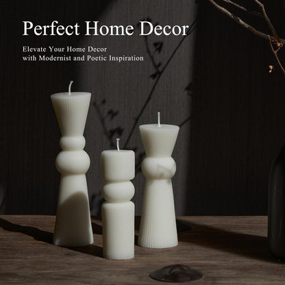 NATCENSE 3Pcs Pillar Candles Set - Handmade Ribbed Design for Modern Home Decor, Housewarming Gift, Room & Shelf Aesthetic Decoration, Long-Lasting Burning (White)
